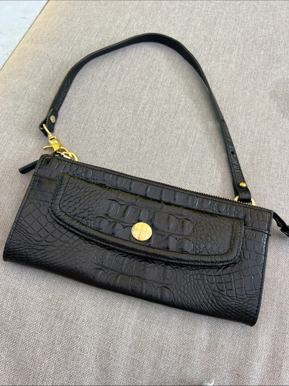 Brahmin Black Croc-Embossed Wristlet with Gold Hardware
